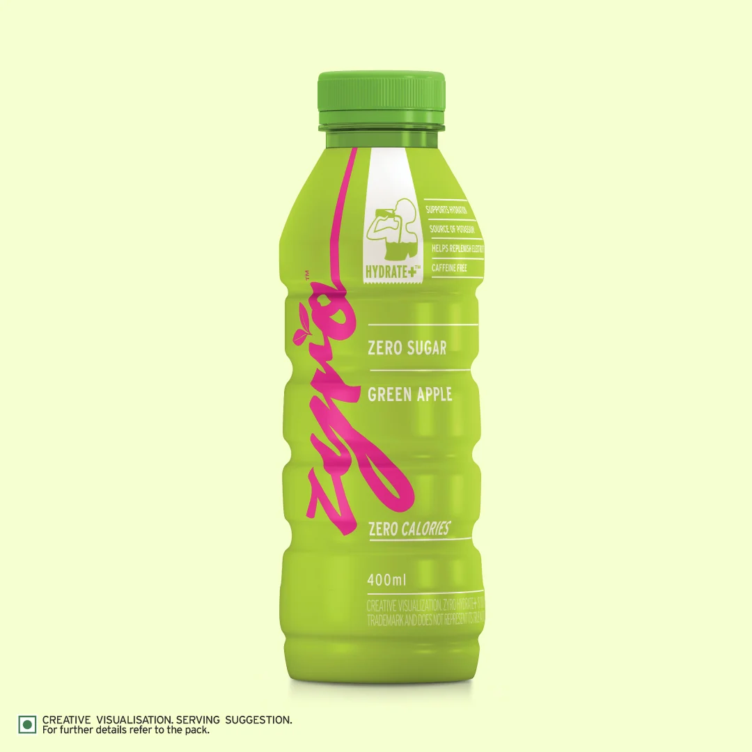 The brand's flat pack shot of the green apple hydration bottle, alone on a plain colour ground.