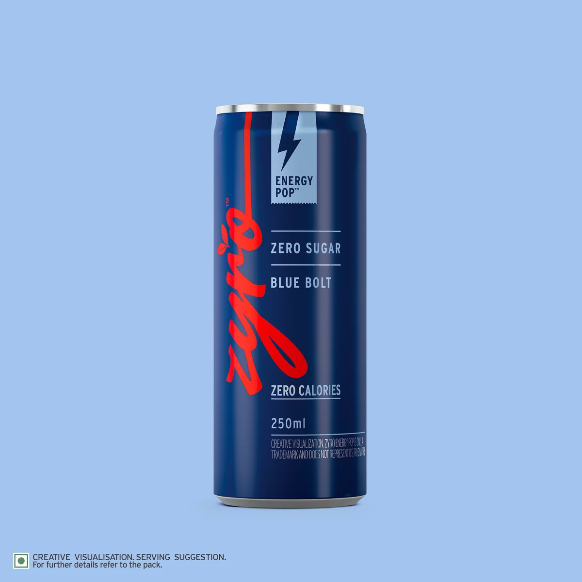 The brand's flat pack shot of the blue energy can, alone on a plain colour ground.