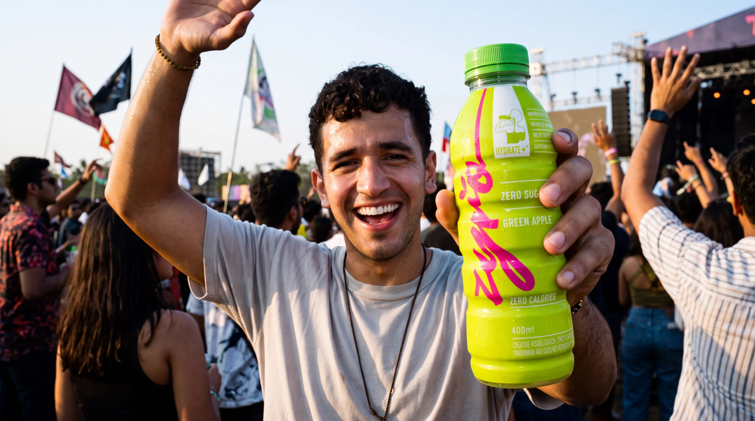 A festival-goer raises the green apple bottle in the crowd in front of a stage.