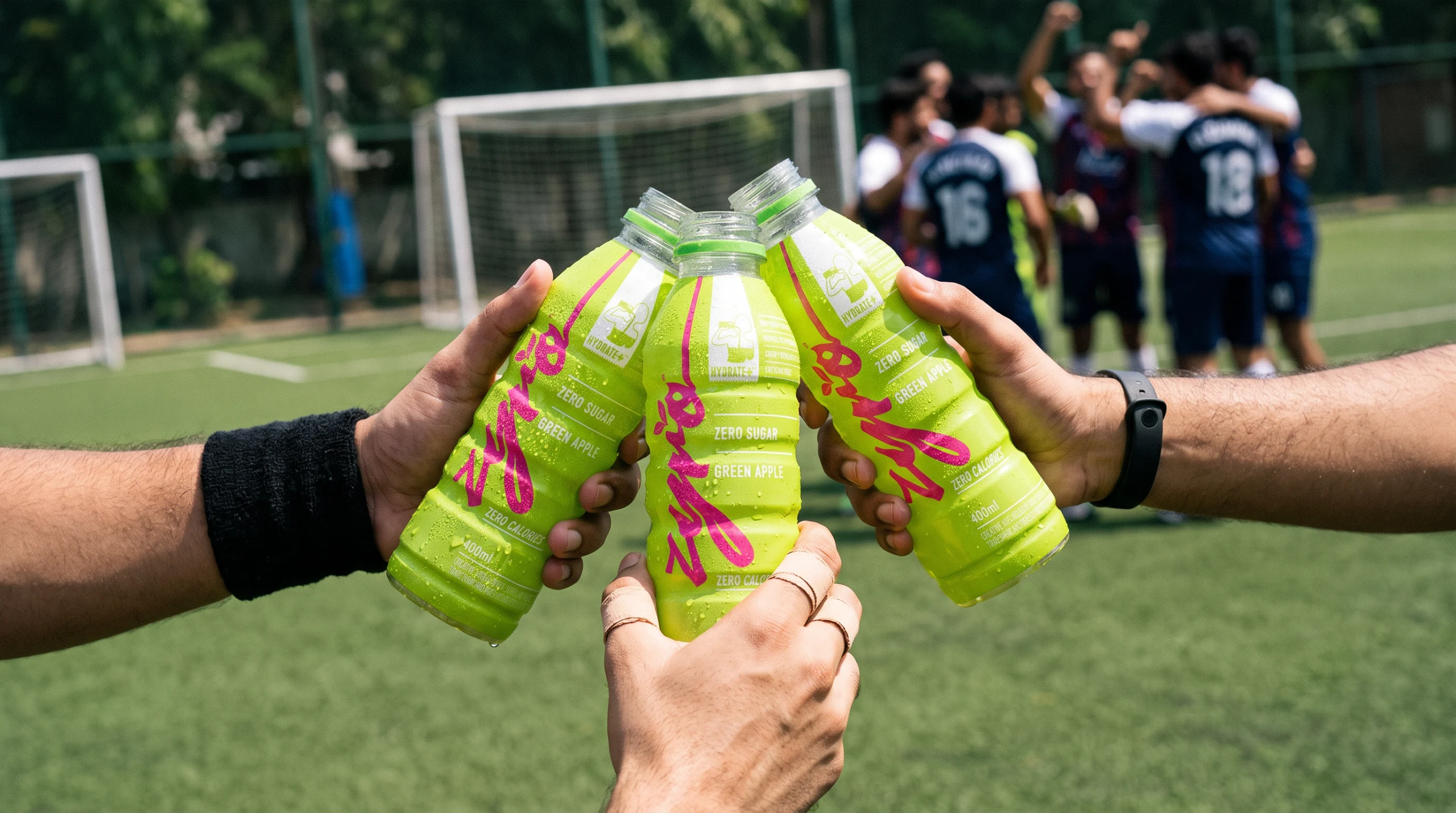 Three hands clink green apple bottles on a football pitch while the team celebrates behind.