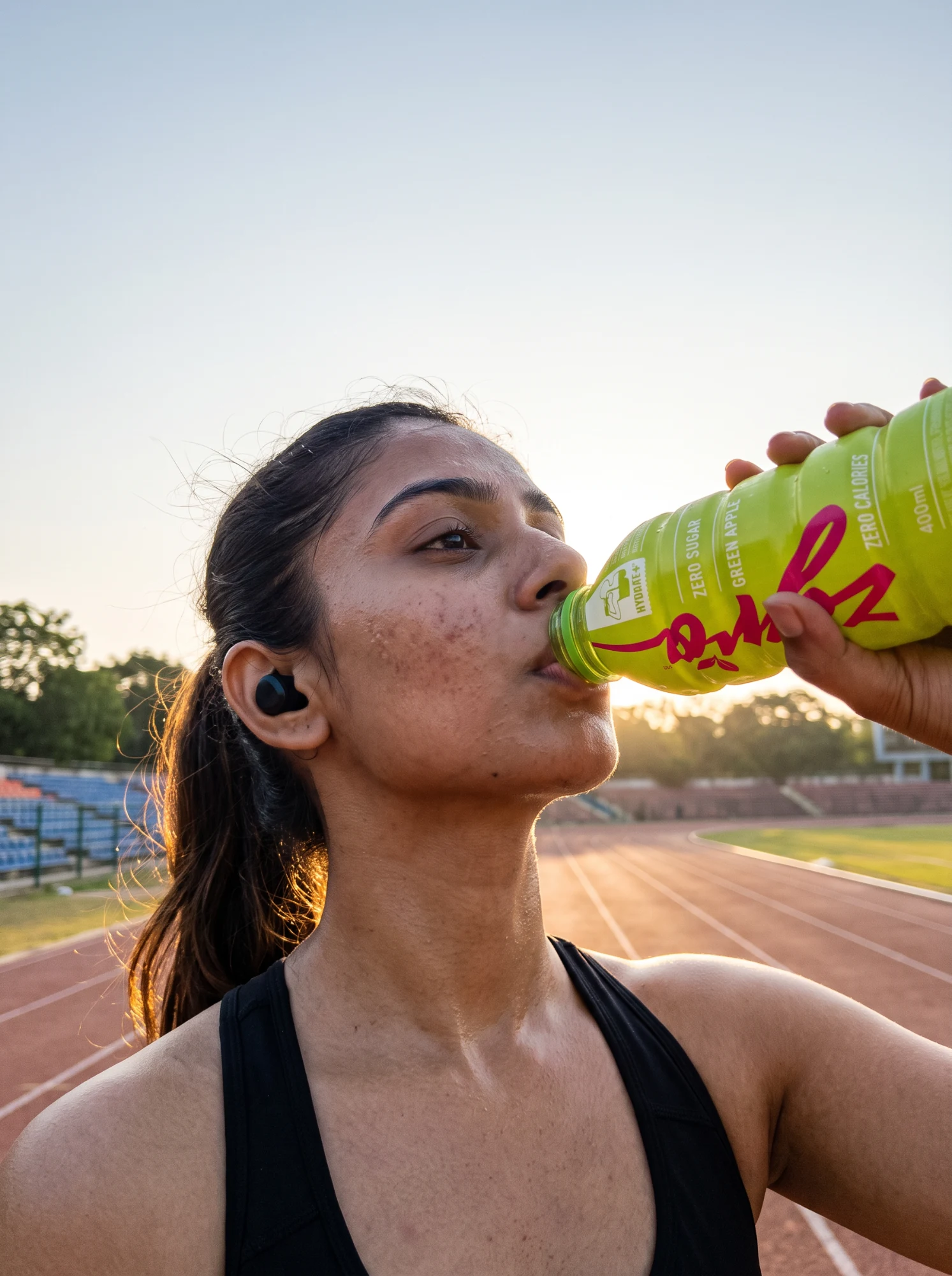 A runner drinks from the green apple bottle on a stadium track at sunrise.