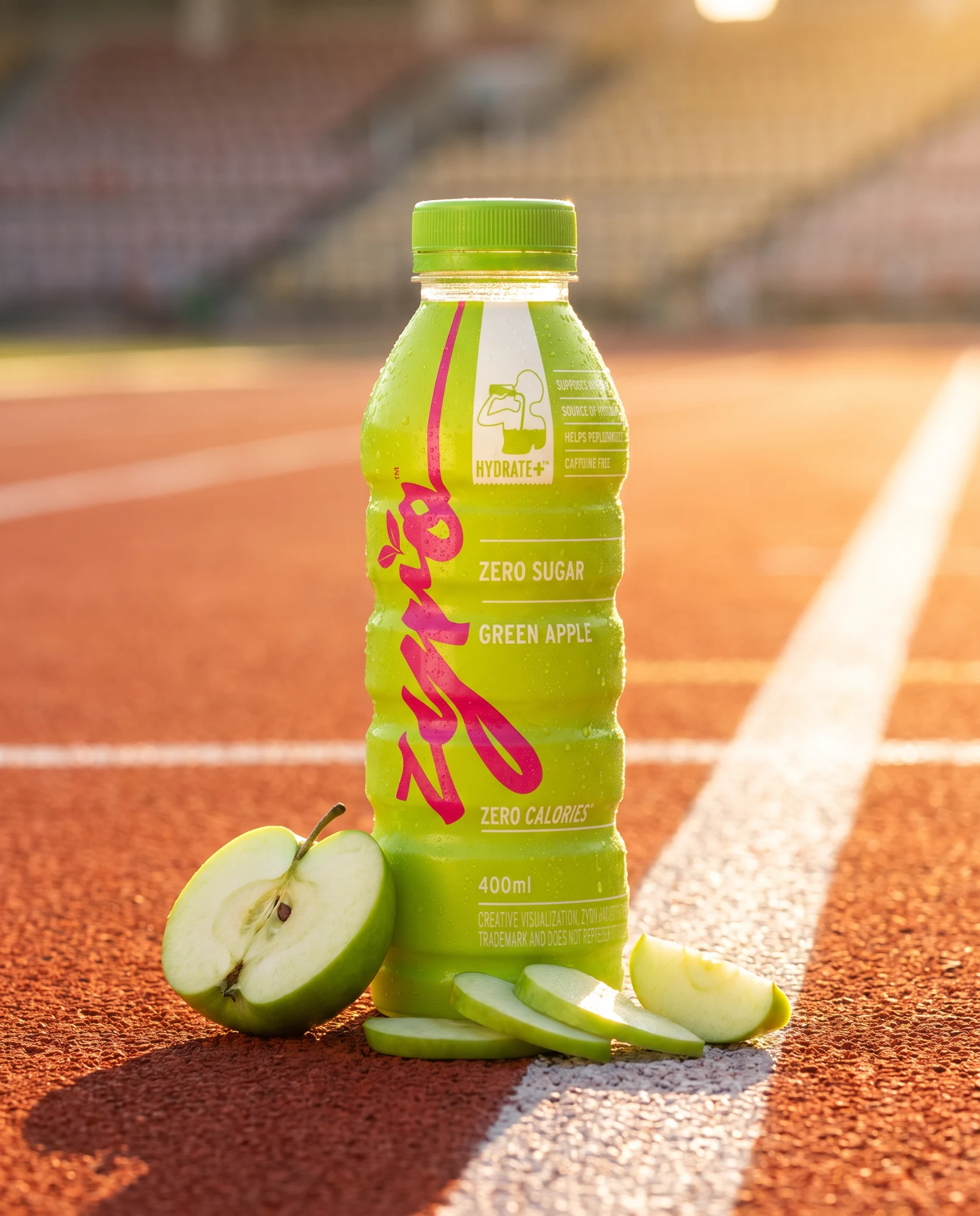 The green apple bottle stands on a running track at golden hour, with a halved apple and slices at its foot.