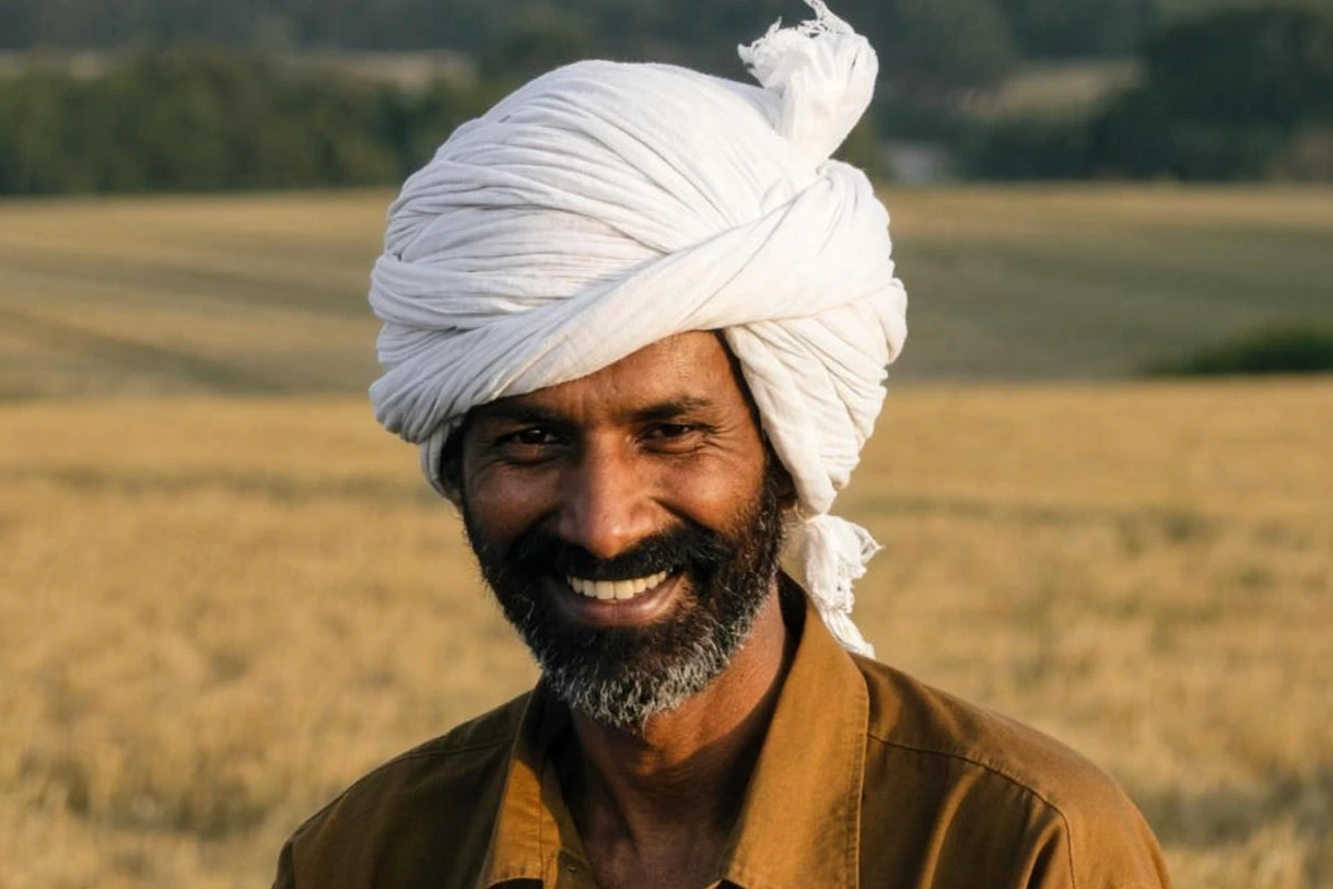 A farmer in a wheat field, close on the face and turban, upscale pass · 4096 × 2737