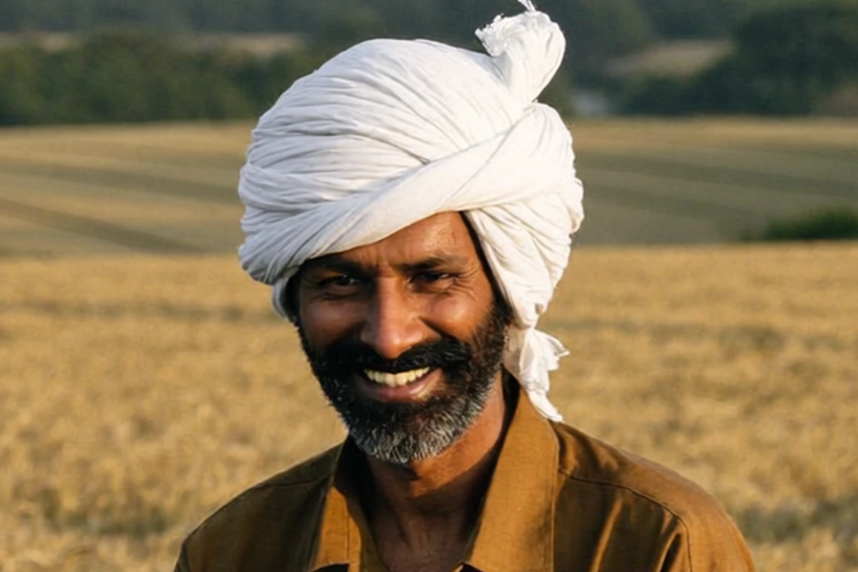 A farmer in a wheat field, close on the face and turban, as generated · 2016 × 1344