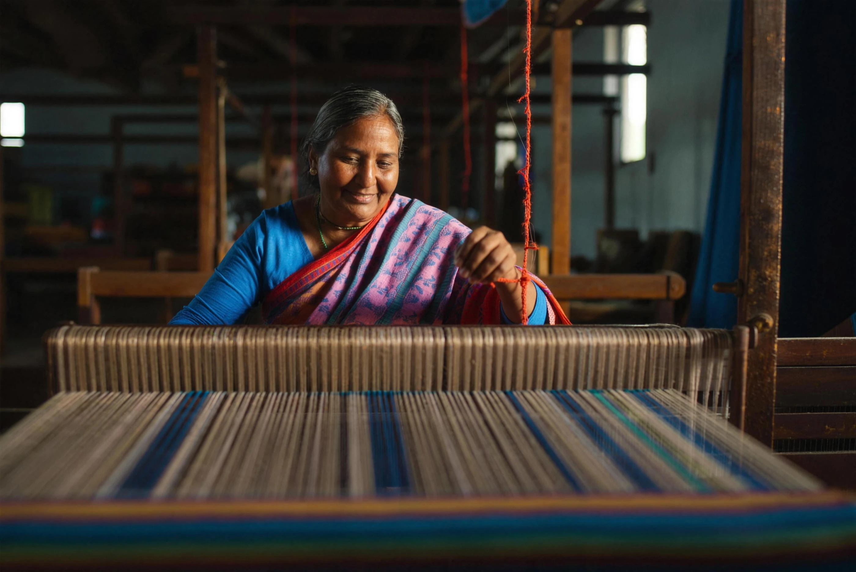 Weaver at a loom, upscaled