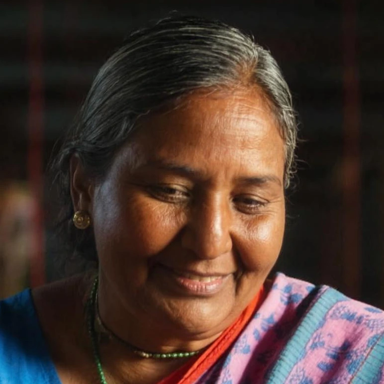 A weaver at her loom, close on the face, upscaled