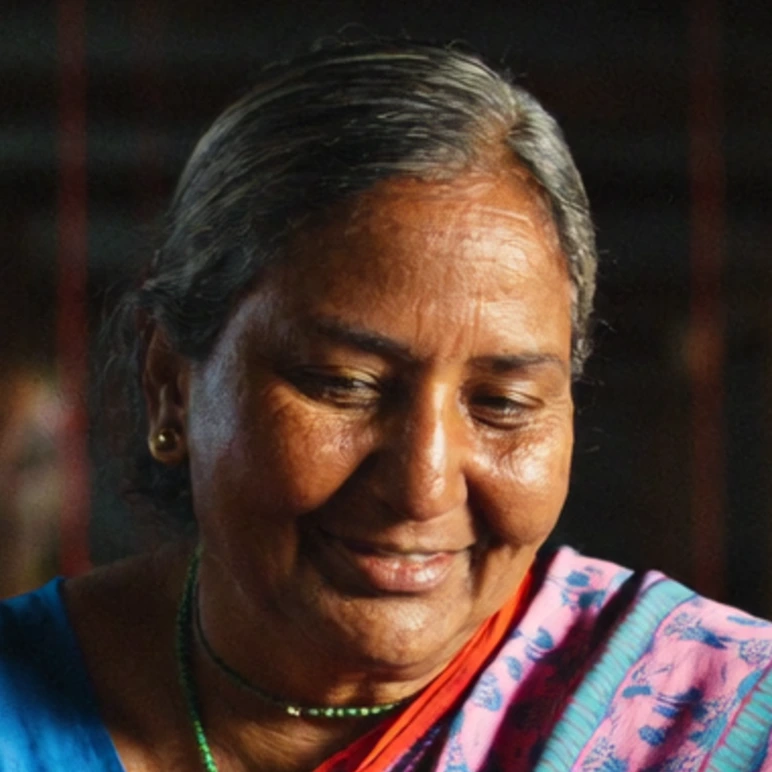 A weaver at her loom, close on the face, as generated